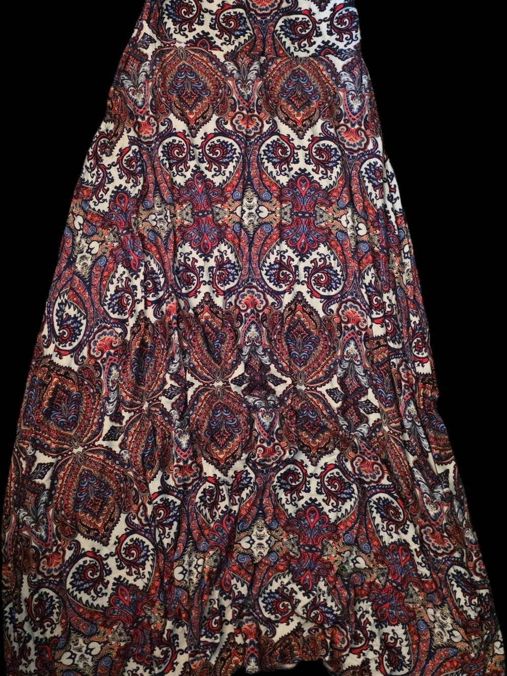 Renee C. Paisley Tiered Maxi Skirt in Red, Blue & Cream